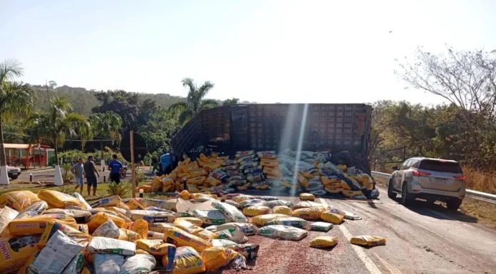 Carregado de ração, caminhão tomba na Serra Sucuriú e deixa BR-060 interditada